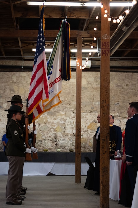 The 344th Military Intelligence Battalion Color Guard posts the Colors during the 250th Army Birthday Ball at The Stables Block at Fort Concho, San Angelo, Texas, June 6, 2025. Soldiers who make up an installation's Color Guard play a pivotal role in honoring tradition and paying respect to those serving, both present and past, in the Armed Forces. (U.S. Air Force photo by Airman 1st Class Brian Lummus)