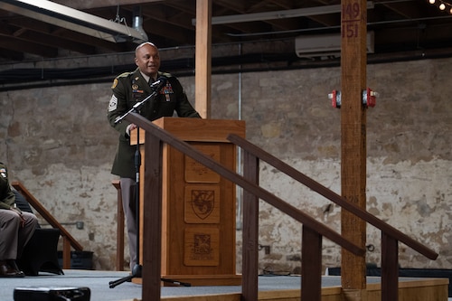 U.S. Army Command Sgt. Maj. Sudan Baker, 111th Military Intelligence Brigade, speaks during the 250th Army Birthday Ball at The Stables Block at Fort Concho, San Angelo, Texas, June 6, 2025. Baker spoke on the importance of the Army upholding and honoring its mission of fighting to win our nation’s wars. (U.S. Air Force photo by Airman 1st Class Brian Lummus)