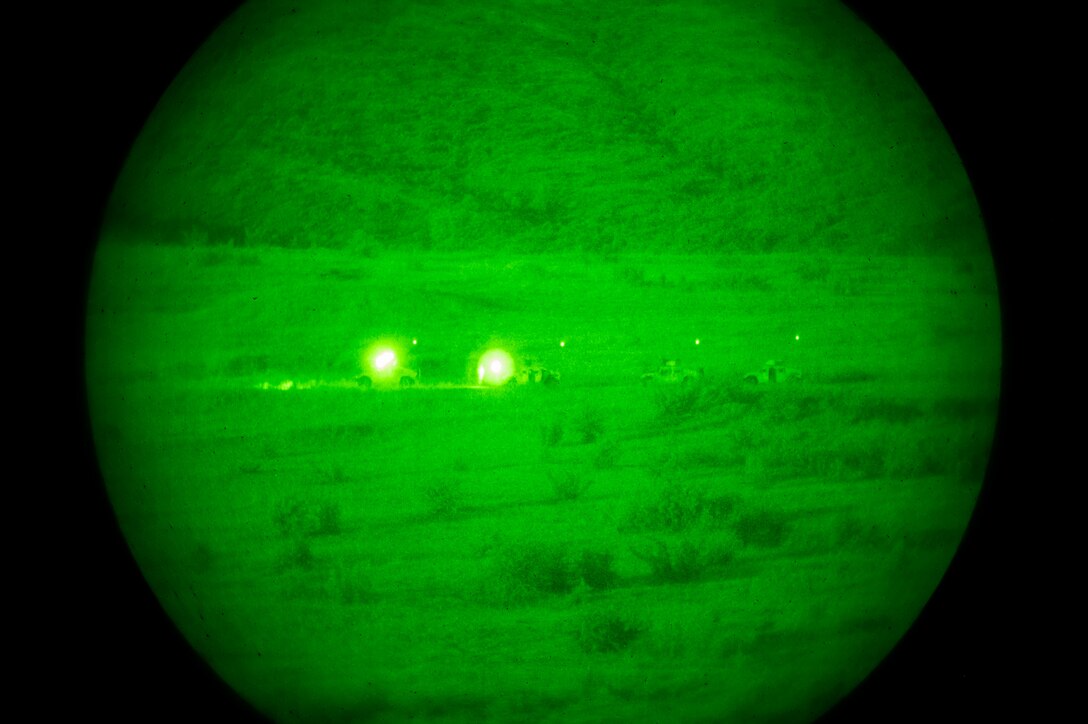 U.S. Soldiers assigned to 3rd Battalion, 172nd Infantry Regiment (Mountain), 86th Infantry Brigade Combat Team (Mountain), Vermont National Guard, operating High Mobility Multipurpose Wheeled Vehicle turrets armed with two M2A1 .50 Cal machine guns and two M240 machine guns fire rounds during a combined arms live-fire night exercise as a part of Immediate Response 25.