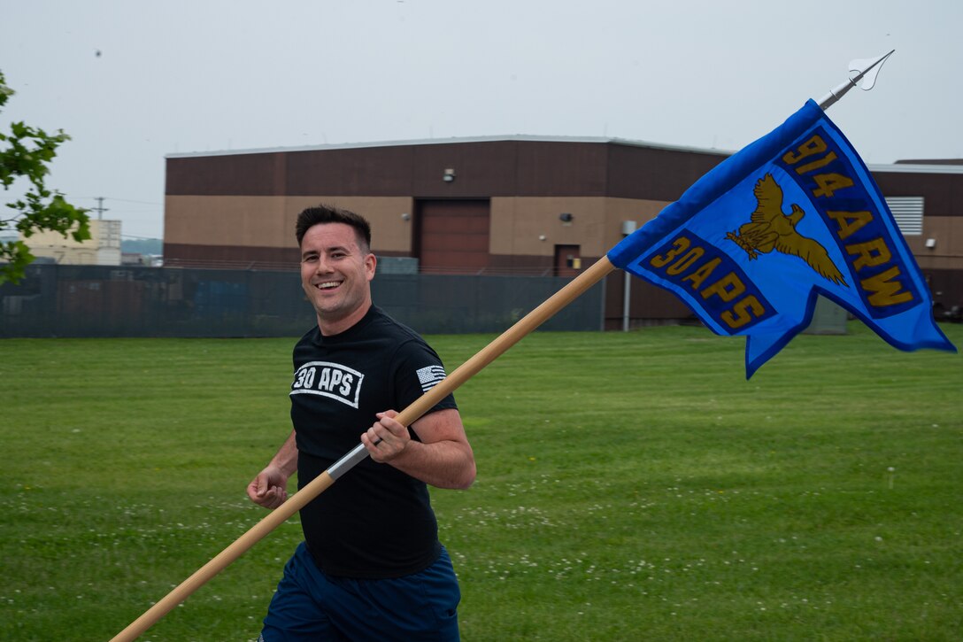 Airmen assigned to the 30th Aerial Port Squadron run the 12th Annual Port Dawg Memorial Run at Niagara Falls Air Reserve Station, New York, June 8, 2025
