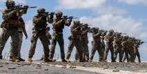 U.S. Marines with Battalion Landing Team 1/4, 31st Marine Expeditionary Unit, conduct a live-fire deck shoot aboard the amphibious transport dock ship USS Green Bay (LPD 20), in the Timor Sea, Sept. 8, 2024. The training was conducted to refine and maintain weapon familiarity and marksmanship proficiency. The 31st MEU is operating aboard ships of USS America Amphibious Ready Group in the 7th fleet area of operations to enhance interoperability with allies and partners and serve as a ready response force to defend peace and stability in the Indo-Pacific region. (U.S. Marine Corps photo by Cpl. Osmar Gutierrez)