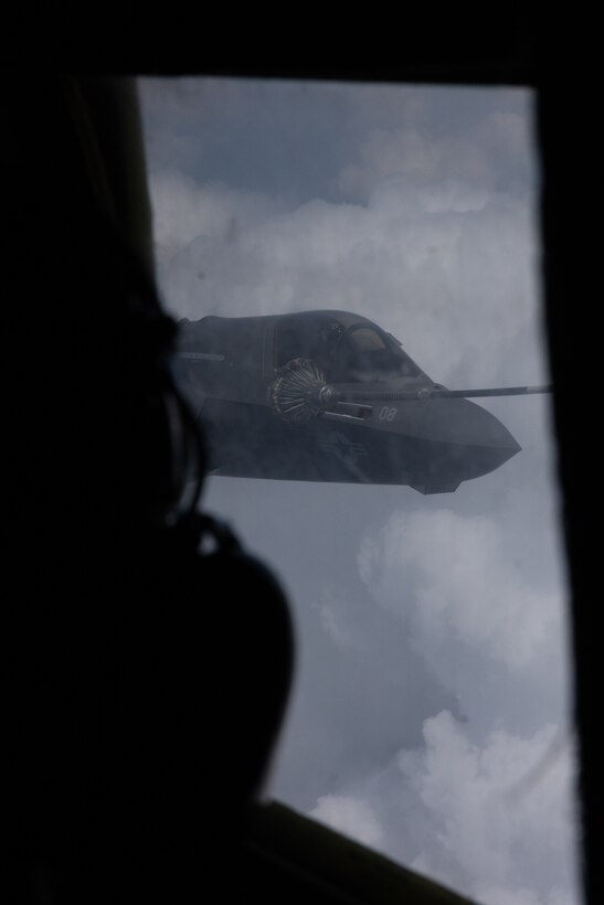 A U.S. Marine Corps F-35B Lightning II assigned to Marine Fighter Attack Squadron (VMFA) 225, Marine Aircraft Group 13, 3rd Marine Aircraft Wing receives fuel from a KC-130J Super Hercules assigned to Marine Aerial Refueler Transport Squadron (VMGR) 352, Marine Aircraft Group 11, 3rd MAW, during Exercise Sentry North in Wisconsin, June 4, 2025.