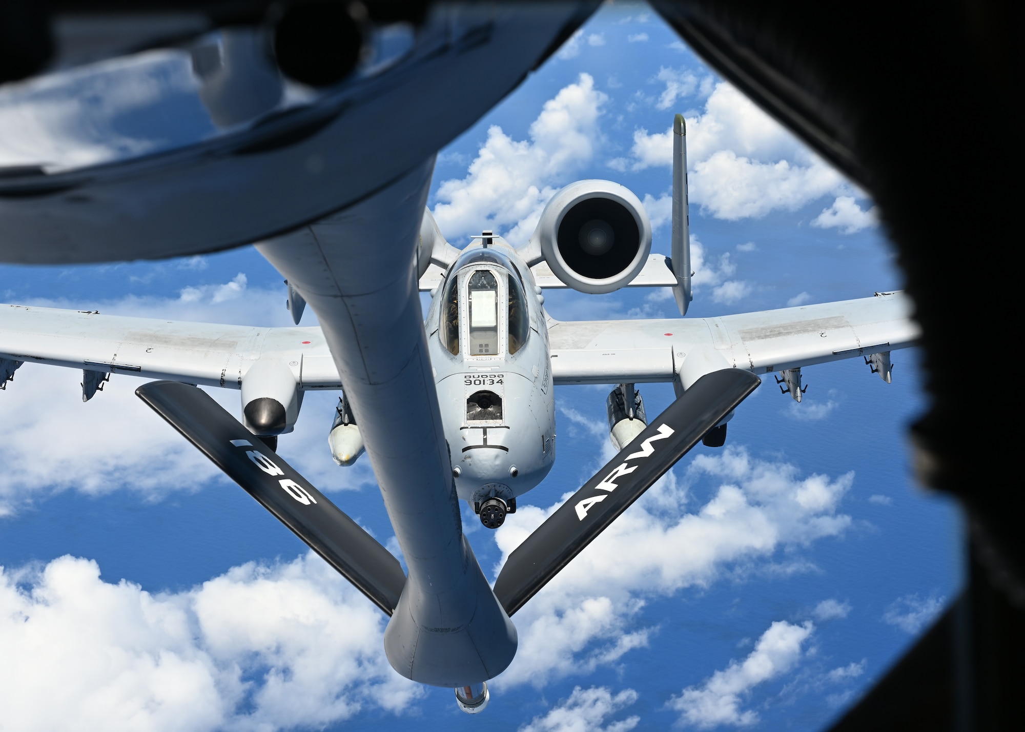 U.S. Air Force A-10 Thunderbolt II from the 25th Fighter Squadron, Osan Air Force Base, South Korea, fly in formation over Wake Island, June 7, 2025. The A-10 is a twin-engine, straight-wing, subsonic attack aircraft designed for close air support that has been flying for over 53 years.