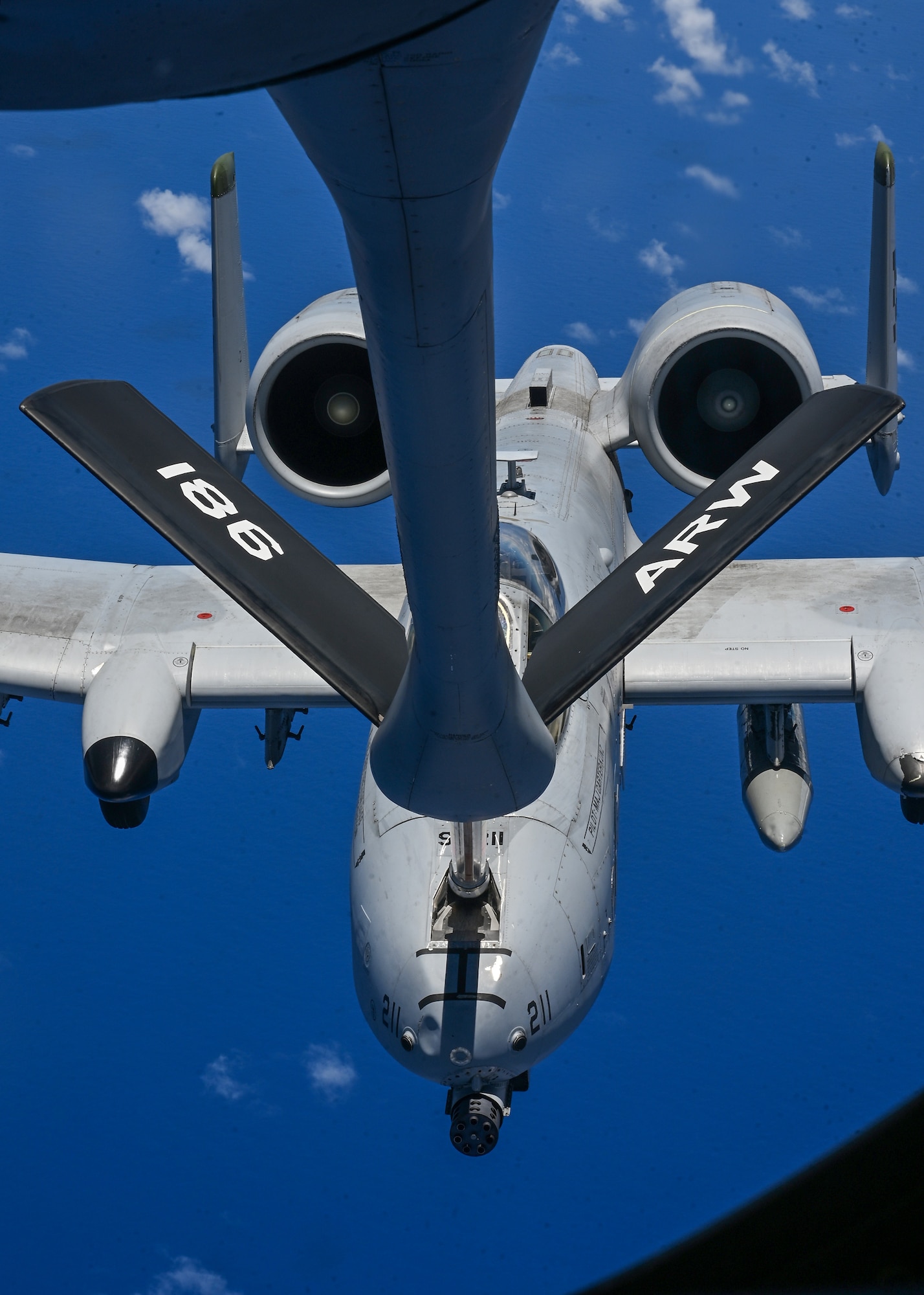 U.S. Air Force A-10 Thunderbolt II from the 25th Fighter Squadron, Osan Air Force Base, South Korea, fly in formation over Wake Island, June 7, 2025. The A-10 is a twin-engine, straight-wing, subsonic attack aircraft designed for close air support that has been flying for over 53 years.
