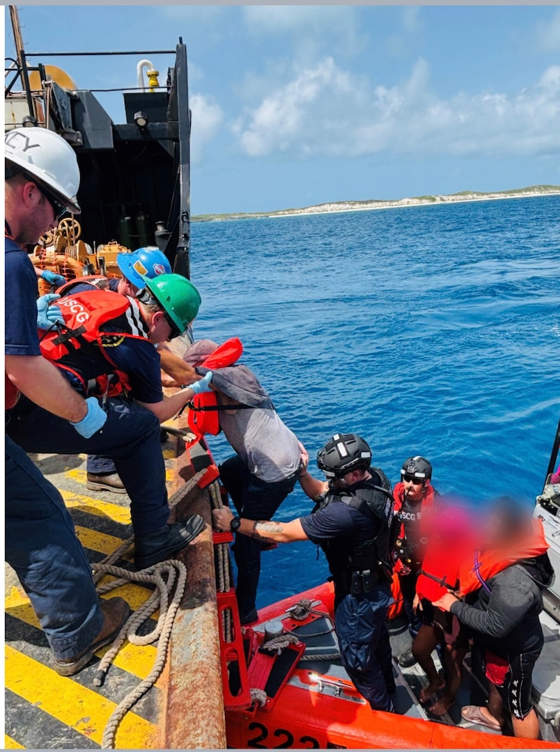 Law enforcement members of USCGC Walnut (WLB-205) conduct a rescue of 20 aliens of Cuban nationality from the uninhabited island of Anguilla Cay, Bahamas, June 6, 2025. The aliens were transferred to Bahamian authorities June 10, 2025. (U.S. Coast Guard photo)