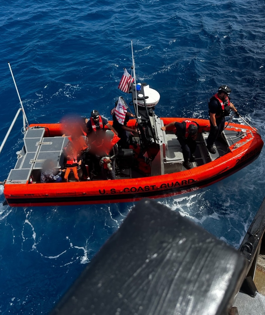 Law enforcement members of USCGC Walnut (WLB-205) conduct a rescue of 20 aliens of Cuban nationality stranded on Anguilla Cay, Bahamas, June 6, 2025. The aliens were transferred to Bahamian authorities June 10, 2025. (U.S. Coast Guard photo)