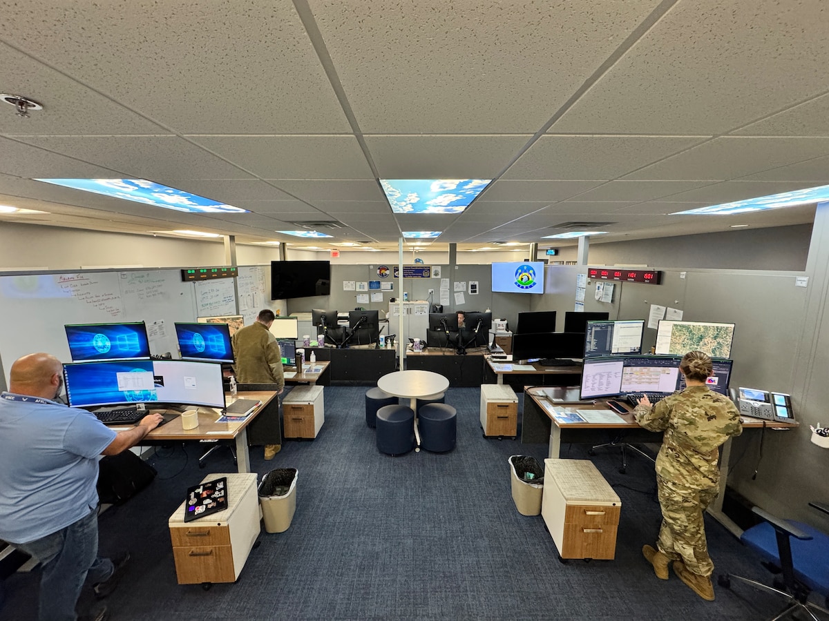 Members of the Air Force Rescue Coordination Center manage critical search and rescue missions on the operations floor on May 29, 2025.