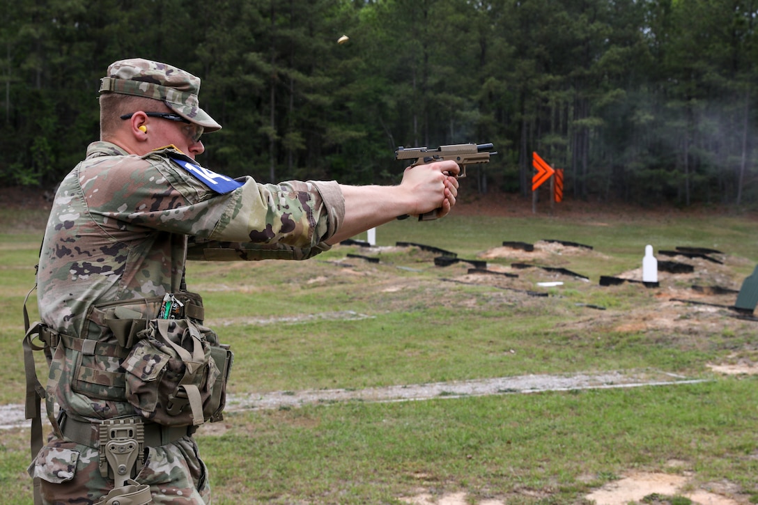 U.S. Army Staff Sgt. Thomas Barrett-Weber, a multiple launch rocket system crewmember with Alpha Battery, 1st Battalion, 623rd Field Artillery, participates in the M17 qualifications of the Best Warrior Competition (BWC), Region III phase, held at the South Carolina National Guard McCrady Training Center (MTC), Columbia, South Carolina, April 22, 2025.