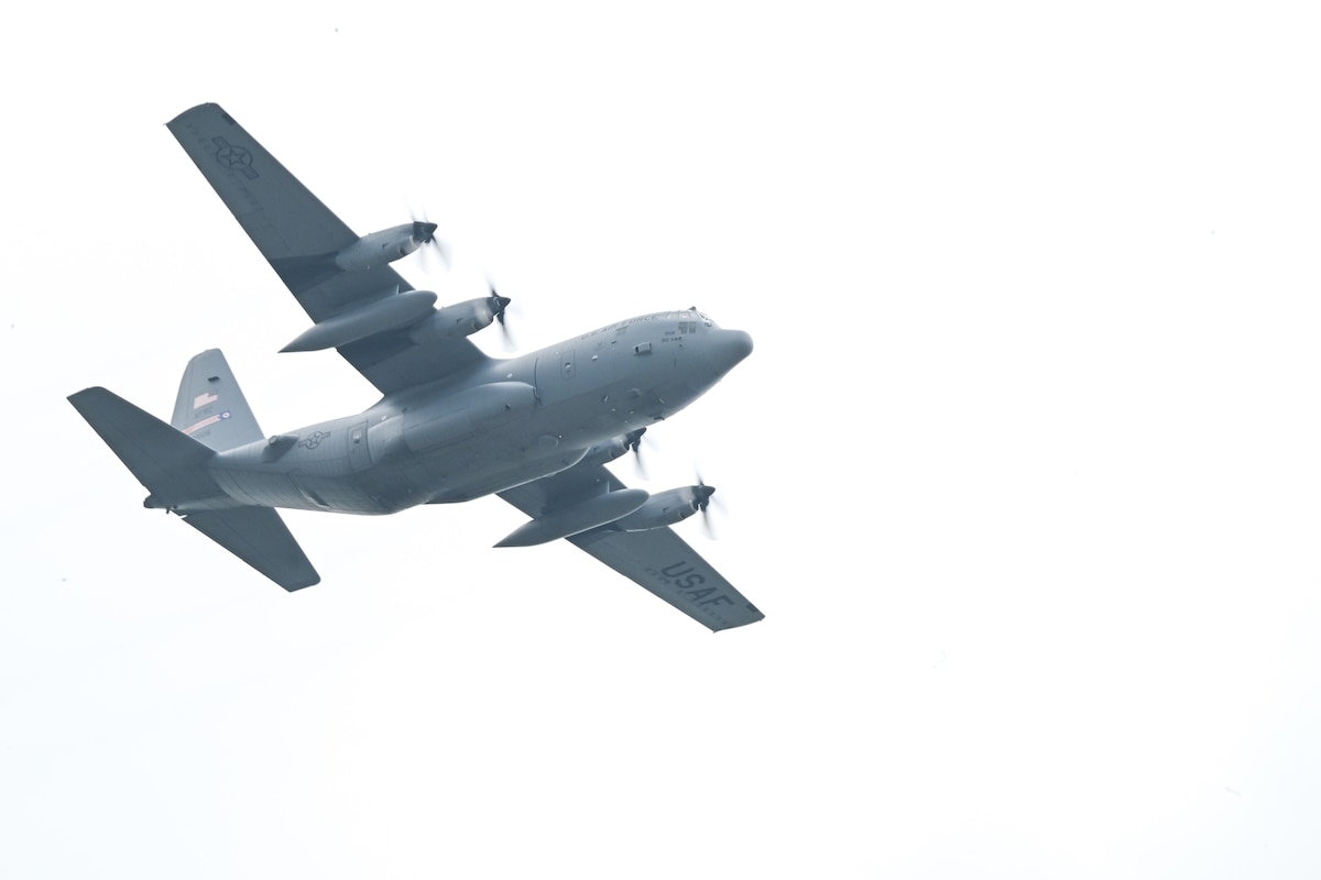 Aircraft 9106 flies over Youngstown Air Reserve Station, Ohio, for the final time as a 910th Airlift Wing aircraft, June 9, 2025.