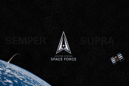 In a graphic the Space Force delta logo rests in the middle of space flanked by Earth and a satellite.
