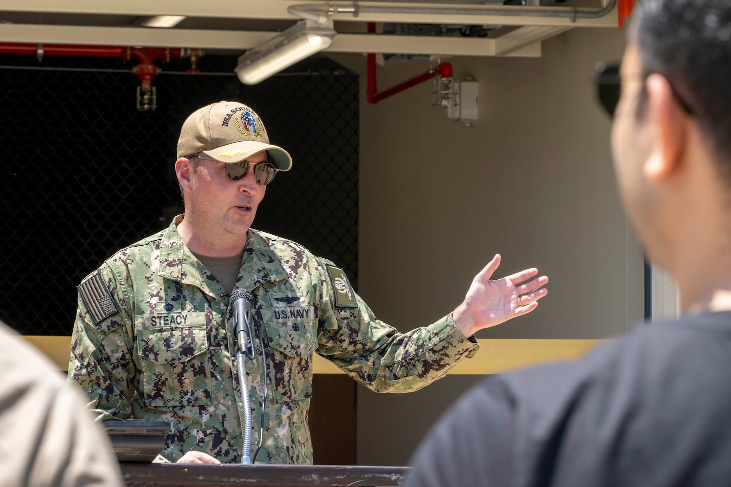 Capt. Stephen Steacy, commanding officer, Naval Support Activity Souda Bay, speaks during a ribbon cutting ceremony inaugurating the renovation of building 87 onboard NSA Souda Bay, Greece, on June 3, 2025.