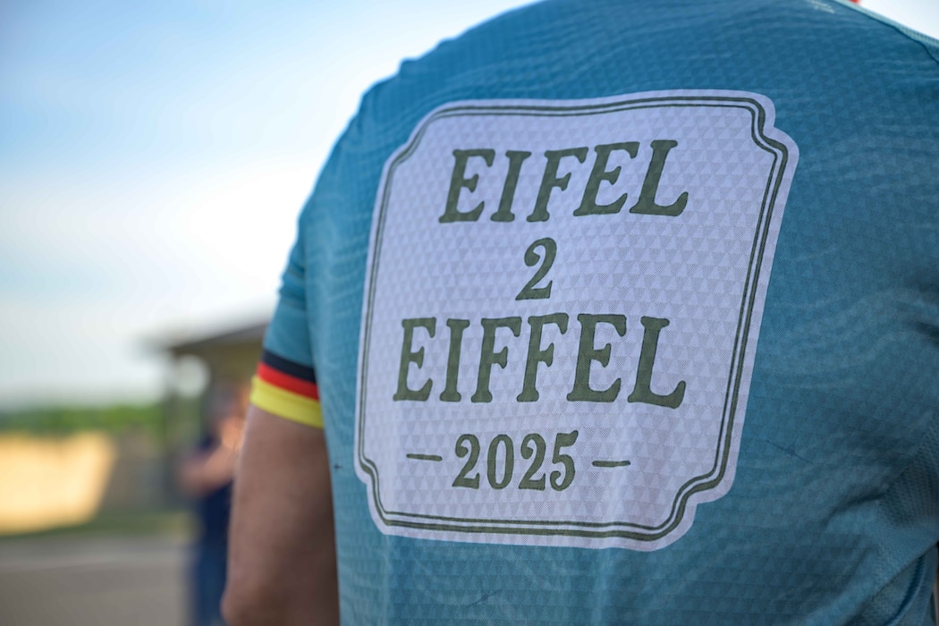 A closeup shot of a bike jersey custom designed for the Eifel to Eiffel bike ride.