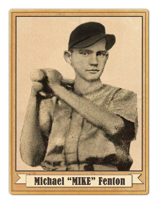An artist's rendition of U.S. Marine Corps Pvt. Michael F. Fenton featured on a 1940's style baseball card, created June 10, 2025. Fenton was killed in action during the Battle of Okinawa, WWII, on May 7th, 1945, and is remembered for his passion for playing baseball from an early age. In 1966, Marine Corps Base Quantico Post High School dedicated their baseball field to 'Fenton Field' in honor his service and sacrifice. June 10th, 2025, Marine Corps Base Quantico's Middle School High School closes its doors after 63 years, and as the new building opens for the new school year in August, another field will follow; in 2026, the field will be rededicated to Fenton. (U.S. Marine Corps Photo Illustration by Charles Wolf)