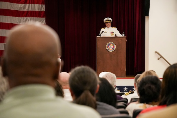 250609-O-NJ594-1008, Portsmouth, Virginia, (June 6, 2025) Rear Adm. Kevin Brown, commander of Naval Medical Forces Atlantic, Director, Defense Health Network (DHN) Atlantic, was the presiding officer of the Navy and Marine Corps Force Health Protection Command (NMCFHPC) change of command ceremony held on board Hampton Roads - Portsmouth Annex, June 6, 2025. The ceremony signifies the passing of responsibilities from Capt. Gregg to Capt. Arfsten as commander of NMCFHPC, and director, DCPH-P. Capt. Gregg will be transferring to U.S. Naval Forces Central Command (COMUSNAVCENT) to be the Fifth Fleet Force Surgeon. (U.S. Navy photo by Desmond Martin)