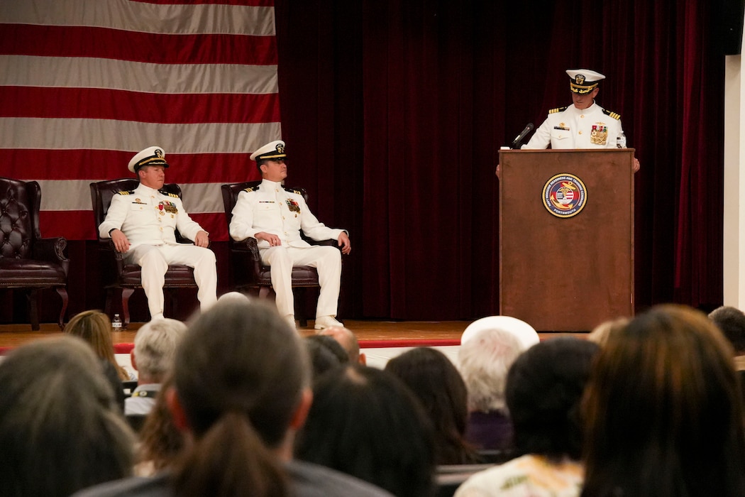 250609-O-NJ594-1019, Portsmouth, Virginia, (June 6, 2025) Capt. Darryl P. Arfsten, commander of Navy and Marine Corps Force Health Protection Command (NMCFHPC), director of Defense Centers for Public Health Portsmouth (DCPH-P), addresses the audience after taking charge of the command during a change of command ceremony held on board Hampton Roads - Portsmouth Annex, June 6, 2025. A change of command is a time-honored military tradition that signifies the formal transfer of authority, responsibility, and accountability from one leader to another. (U.S. Navy photo by Desmond Martin)