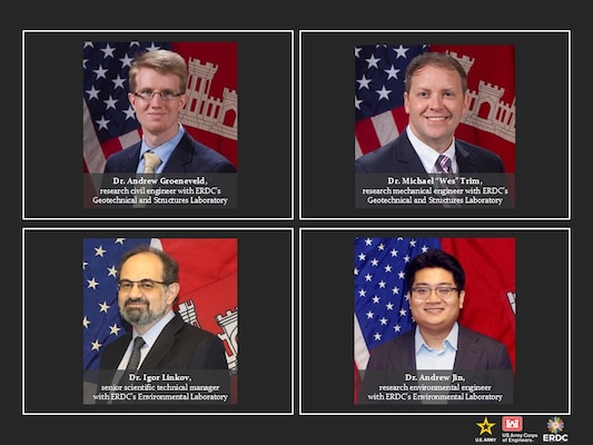 Four researchers in two laboratories at ERDC were recently awarded the 2024 Department of Defense (DoD) Science, Mathematics, and Research for Transformation (SMART) Scholar & Mentor of the Year Awards. The recipients are scholar Dr. Andrew Groeneveld and mentor Dr. Michael “Wes” Trim, both with the Geotechnical and Structures Laboratory (GSL), and scholar Dr. Andrew Jin and mentor Dr. Igor Linkov, both with the Environmental Laboratory (EL).