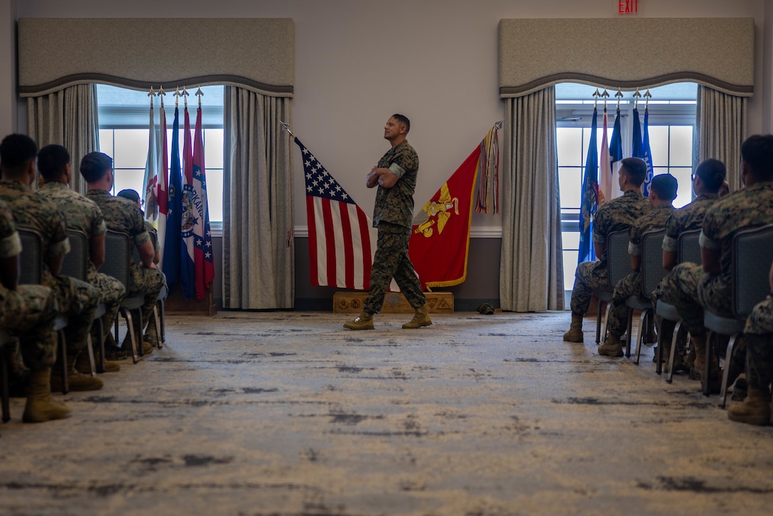 U.S. Marine Corps Sgt. Maj. Carlos A. Ruiz, the 20th sergeant major of the Marine Corps, visits for a town hall.