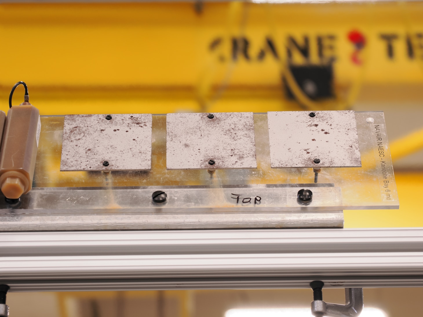 Steel plates showing the corrosive effects of saltwater aerosols at the NRL Laboratory for Autonomous Systems Research (LASR) Littoral Bay Wave Pool, in Washington, D.C., Sept. 24, 2024.