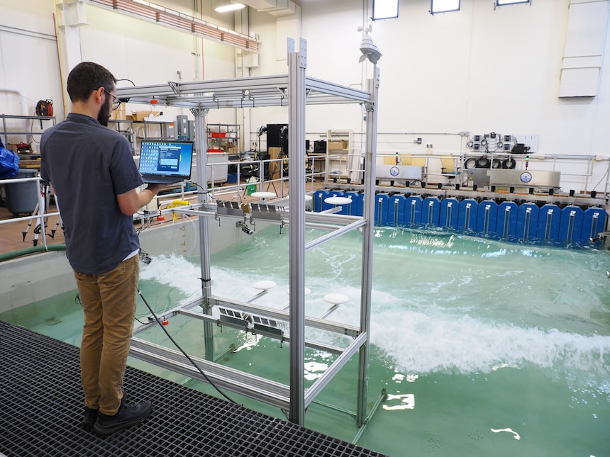 U.S. Naval Research Laboratory (NRL)-National Research Council (NRC) Postdoctoral Fellow with NRL’s Chemistry Division, Center for Corrosion Science and Engineering, Alex Johnson, studies the impact of corrosion from saltwater aerosols at the NRL Laboratory for Autonomous Systems Research (LASR) Littoral Bay Wave Pool, in Washington, D.C., Sept. 24, 2024.