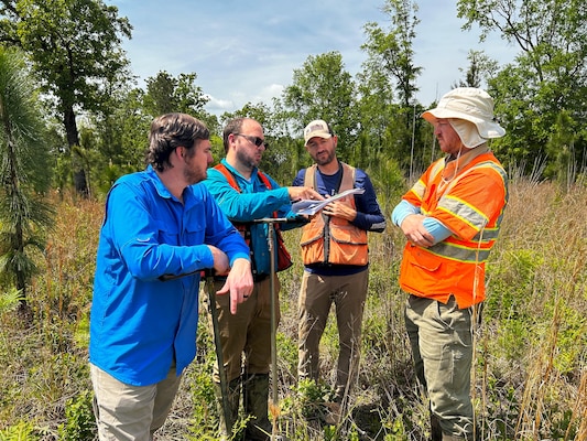 Charleston District project managers along with Ecosystem Planning and Restoration (EPR) member review the delineation line at Brosnan Forest.