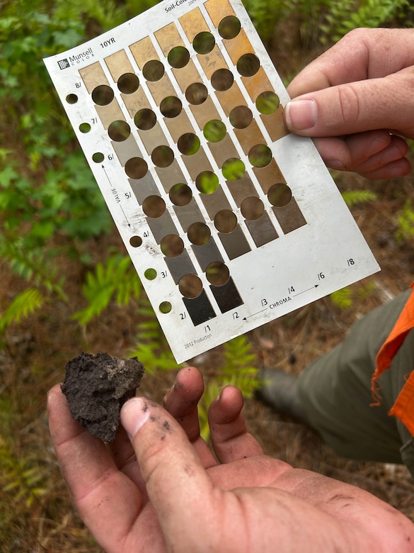 Charleston District project managers examine the color of a soil sample using a Munsell Color sheet