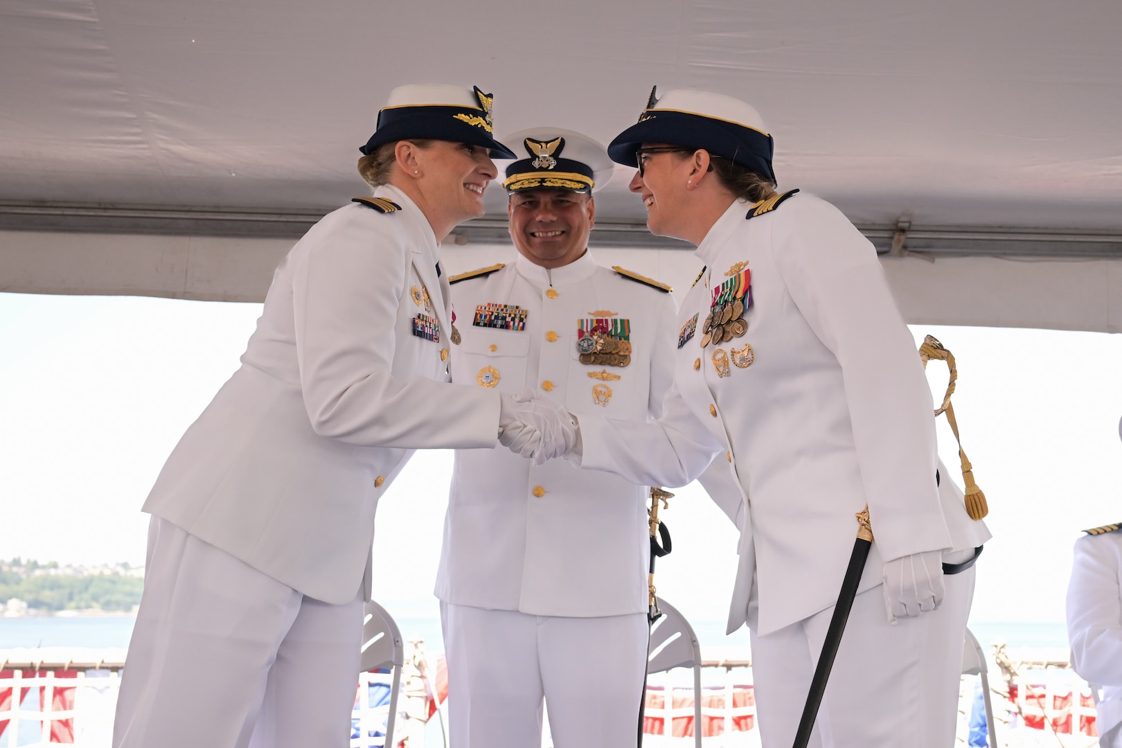 Capt. Kristen L. Serumgard officially received command from Capt. Michele Schallip during the Coast Guard Cutter Healy (WAGB-20) change of command ceremony in Seattle, June 10, 2025. Serumgard previously served in leadership roles focused on Arctic strategy and international engagement at Coast Guard Headquarters. (U.S. Coast Guard photo by Petty Officer 3rd Class Annika Hirschler)