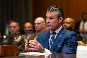 The defense secretary speaks during a hearing.