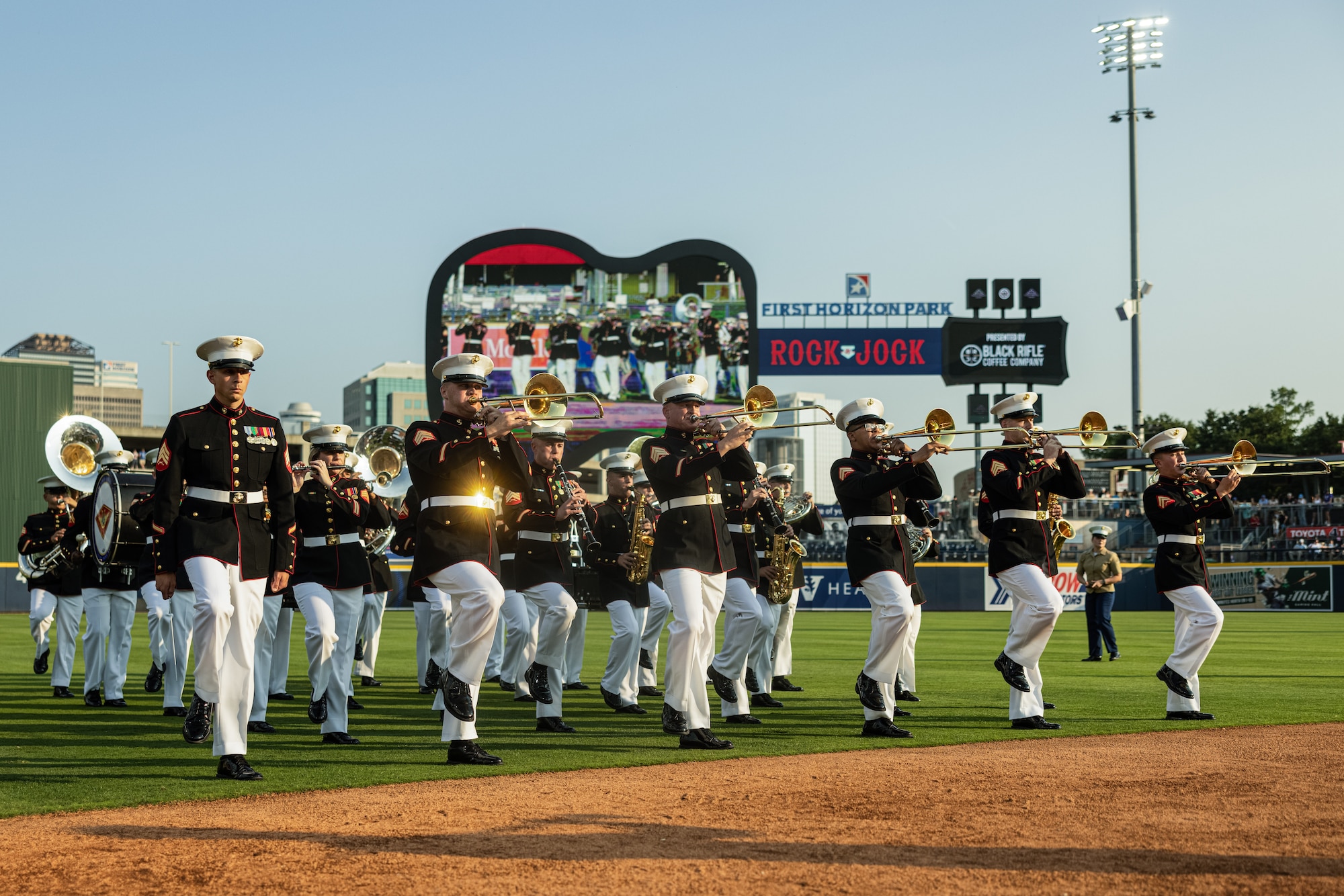 U.S. Marines with 2d Marine Aircraft Wing band perform during Rock N’ Jock at First Horizon Park as part of Marine Week Nashville, in Nashville, Tennessee, June 2, 2025. Founded on November 10, 1775, the United States Marine Corps has served our nation honorably in every clime and place for 250 years. Throughout 2025, Marines across the globe will celebrate the 250th birthday of the Corps, commemorating service, sacrifice, and priding themselves on living 'Semper Fidelis' or 'Always Faithful' to their nation and to each other. (U.S. Marine Corps photo by Lance Cpl. Judith Ann Lazaro)