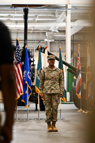 U.S. Army Lt. Col. Sheron Collins, incoming Army Field Support Battalion-Charleston commander, stands at attention during the AFSBn-CHS change of command ceremony at Joint Base Charleston.