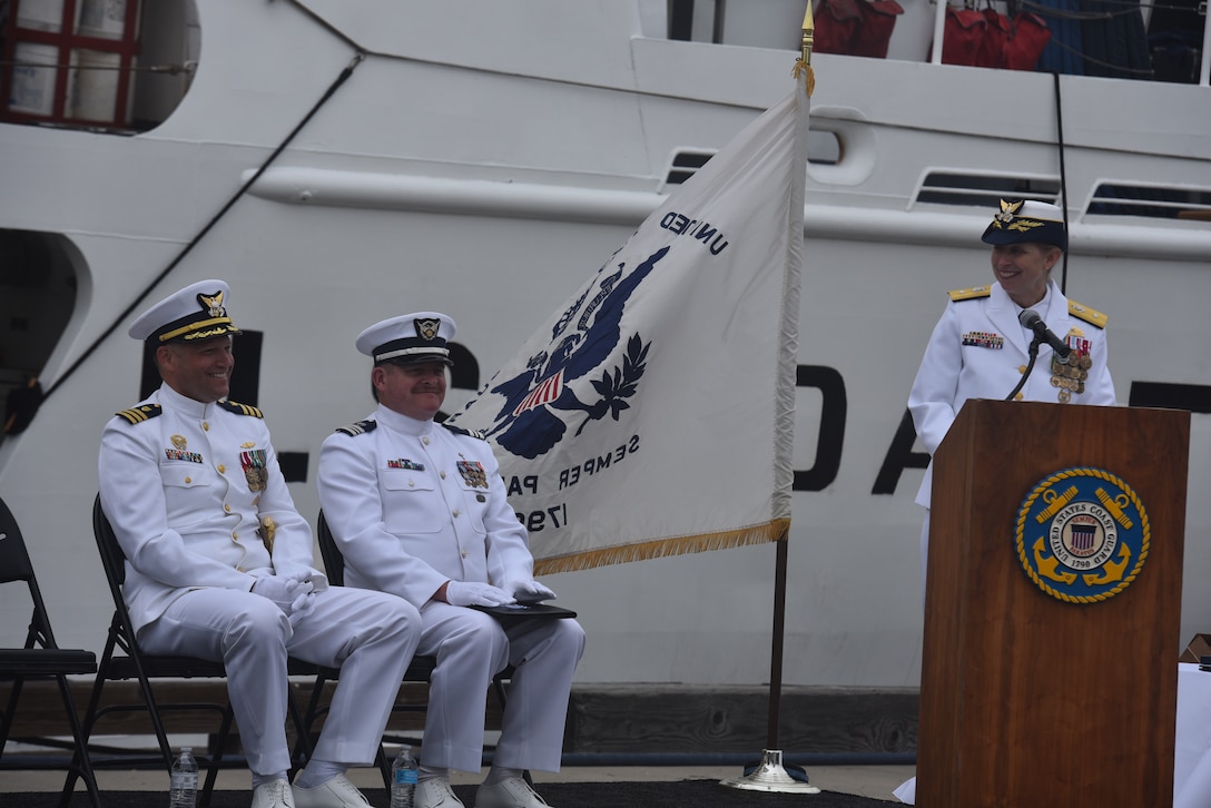 The U.S. Coast Guard Cutter Active (WMEC 618) held a change of command ceremony, Sunday, Jun. 8, in San Diego. Rear Adm. Joanna Hiigel, deputy commander of Coast Guard Pacific Area, presided over the ceremony in which Cmdr. Earl Potter relieved Cmdr. Adam Disque as Active’s commanding officer. Disque served as Active’s commanding officer from June 2023 to June 2025. (U.S. Coast Guard photo by Lt. Karen Hovey)