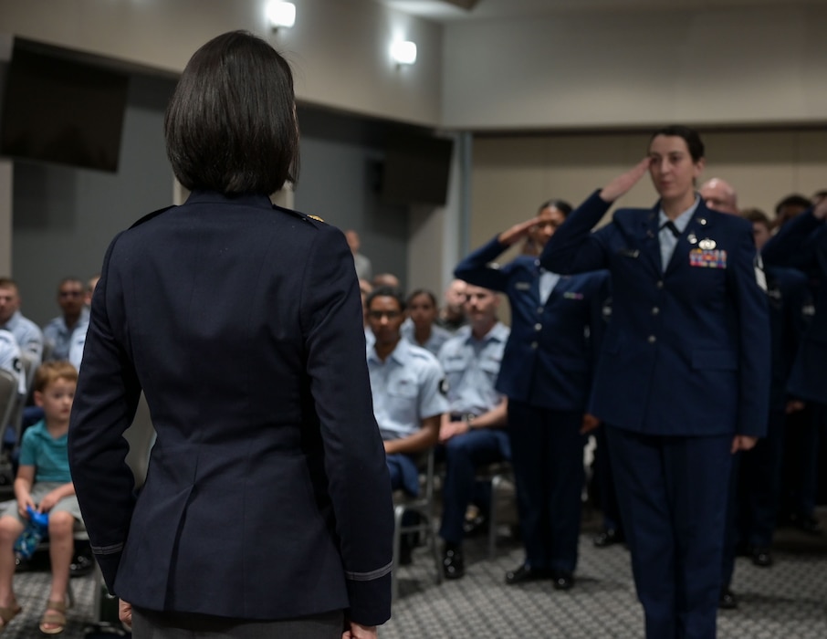 U.S. Space Force Maj. Uiri Han, 533rd Training Squadron  Detachment 1 incoming commander, receives her first official salute from 533rd TRS Detachment 1 Guardians during the 533rd TRS, Detachment 1 Change of Command Ceremony at the Powell Event Center, Goodfellow Air Force Base, Texas, June 10, 2025. The 533rd TRS Detachment 1 is a unit hosted at Goodfellow that belongs to STARCOM, located at the geographically separated Vandenberg Space Base, California. (U.S. Air Force photo by Senior Airman Evelyn J. D’Errico)