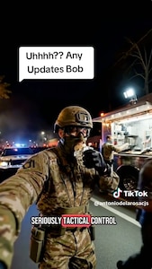 AI-generated man wearing a camoflage uniform appearing to hold a phone offscreen.