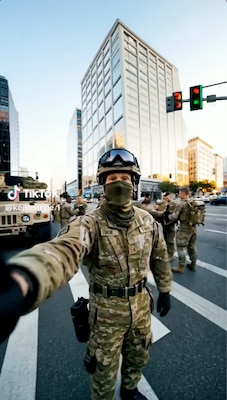 AI-generated man wearing a camoflage uniform appearing to hold a phone offscreen.