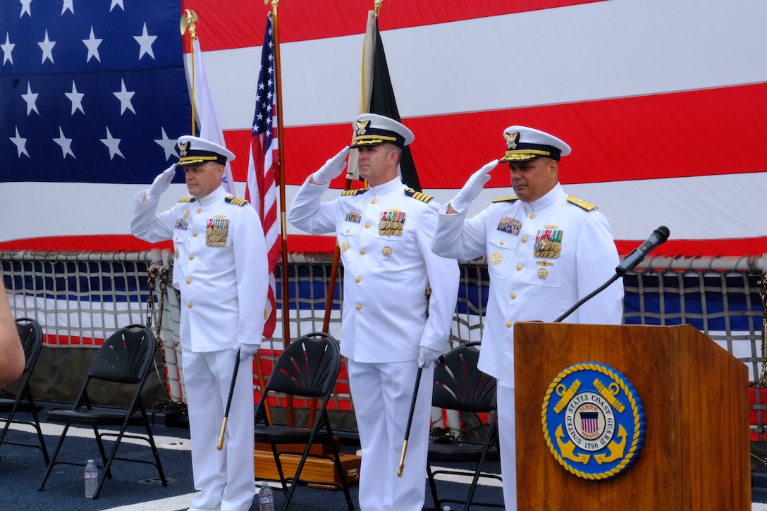 The U.S. Coast Guard Cutter Bertholf (WMSL 750) held a change of command ceremony, Monday, Jun. 9, in San Diego. Vice Adm. Andrew Tiongson, commander of U.S. Coast Guard Pacific Area, presided over the ceremony in which Capt. Andrew Pate relieved Capt. Billy Mees as Bertholf’s commanding officer. Mees served as Bertholf’s commanding officer from June 2023 to June 2025. Under Mees’ leadership, Bertholf deployed to the Bering Sea, Western Pacific and Oceania in support of domestic and illegal, unregulated, unreported fisheries and building international partnerships. (U.S. Coast Guard photo by Lt. j.g Tyler Ma)