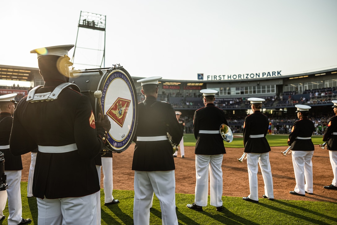 U.S. Marines with 2d Marine Aircraft Wing band perform during Rock N’ Jock at First Horizon Park as part of Marine Week Nashville, in Nashville, Tennessee, June 2, 2025. Founded on November 10, 1775, the United States Marine Corps has served our nation honorably in every clime and place for 250 years. Throughout 2025, Marines across the globe will celebrate the 250th birthday of the Corps, commemorating service, sacrifice, and priding themselves on living 'Semper Fidelis' or 'Always Faithful' to their nation and to each other. (U.S. Marine Corps photo by Lance Cpl. Judith Ann Lazaro)