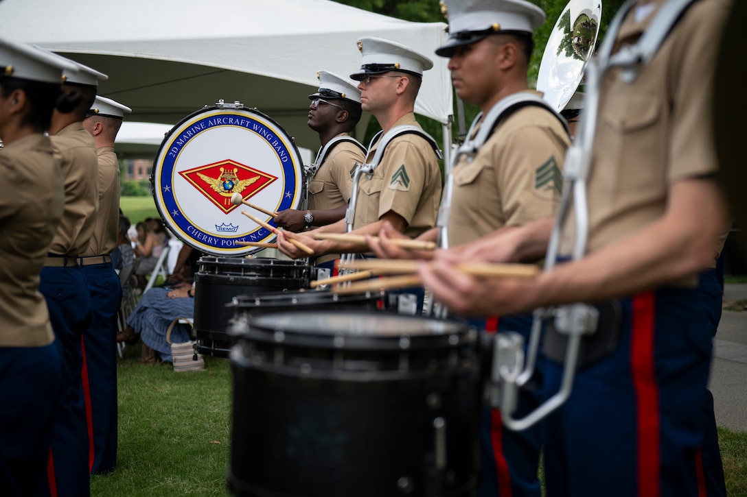 U.S. Marines with the 2nd Marine Aircraft Wing band, Special-Purpose Marine Air-Ground Task Force 250, perform during a wreath laying ceremony at Bicentennial Park in Nashville, Tennessee, June 4, 2025. Marines came out to the park to engage with the community, and to pay homage to Marines past and present. Throughout 2025, Marines across the globe will celebrate the 250th birthday of the Corps, commemorating, service, sacrifice, and priding themselves on living ‘Semper Fidelis’ or ‘Always Faithful’ to their nation and to each other. (U.S. Marine Corps photo by Cpl. Vincent Needham)
