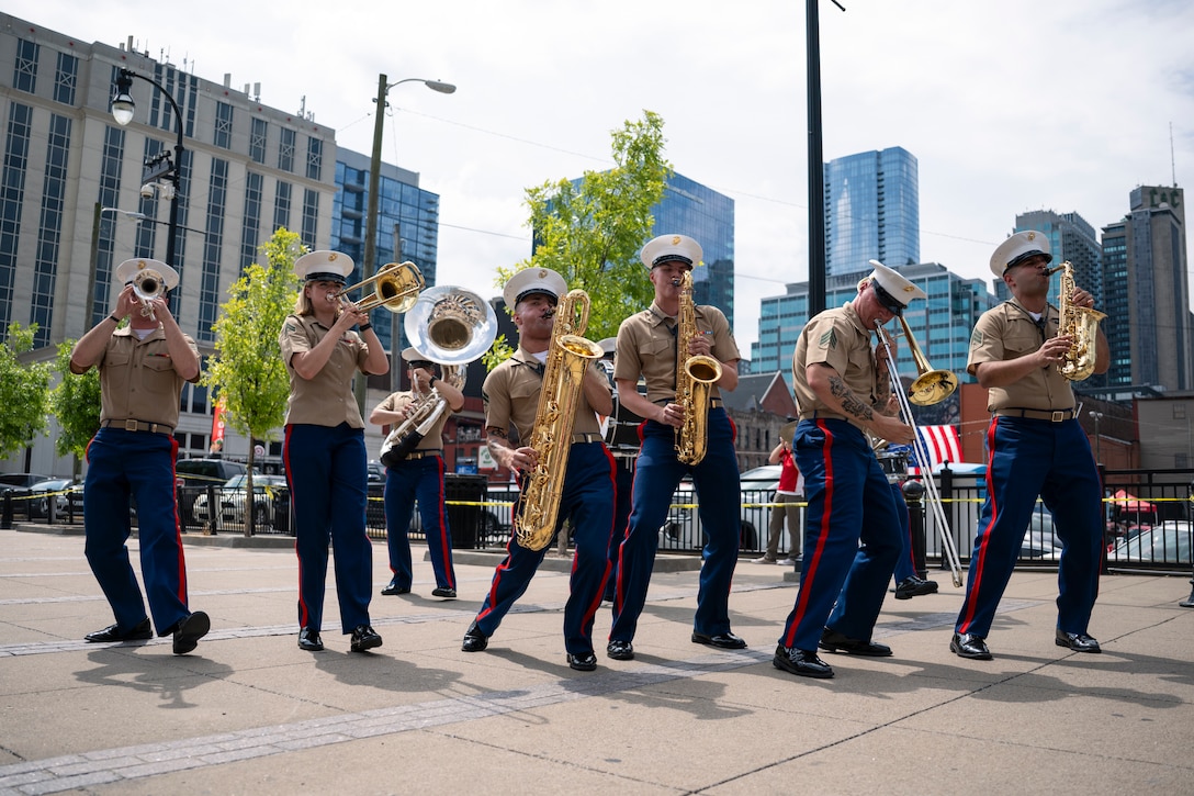 U.S. Marines with the 2nd Marine Aircraft Wing band, Special Purpose Marine Air-Ground Task Force-250, perform during Marine Week Nashville, in Nashville, Tennessee, June 5, 2025. Marines set up multiple equipment displays and recruiting booths during Marine Week to engage with the community of Nashville. Throughout 2025, Marines across the globe will celebrate the 250th birthday of the Corps, commemorating, service, sacrifice, and priding themselves on living ‘Semper Fidelis’ or ‘Always Faithful’ to their nation and to each other. (U.S. Marine Corps photo by Cpl. Vincent Needham)