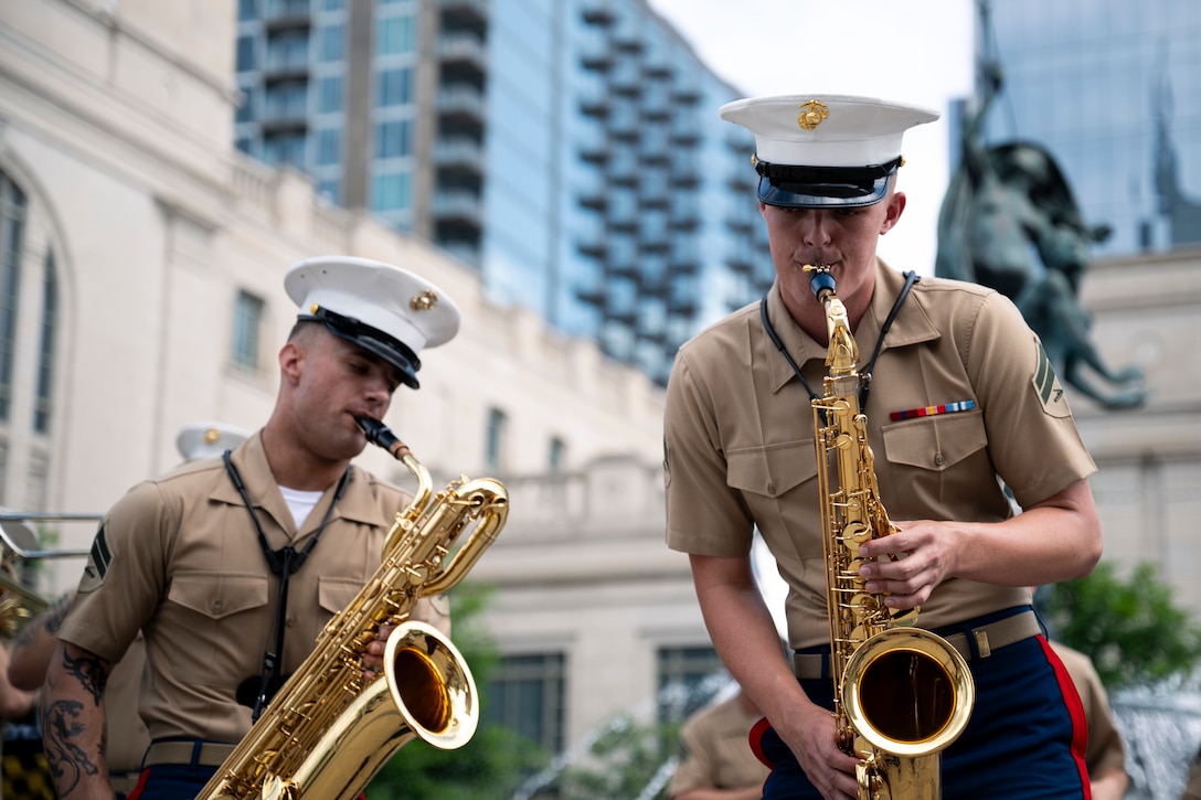U.S. Marines with the 2nd Marine Aircraft Wing band, Special Purpose Marine Air-Ground Task Force-250, perform during Marine Week Nashville, in Nashville, Tennessee, June 5, 2025. Marines set up multiple equipment displays and recruiting booths during Marine Week to engage with the community of Nashville. Throughout 2025, Marines across the globe will celebrate the 250th birthday of the Corps, commemorating, service, sacrifice, and priding themselves on living ‘Semper Fidelis’ or ‘Always Faithful’ to their nation and to each other. (U.S. Marine Corps photo by Cpl. Vincent Needham)