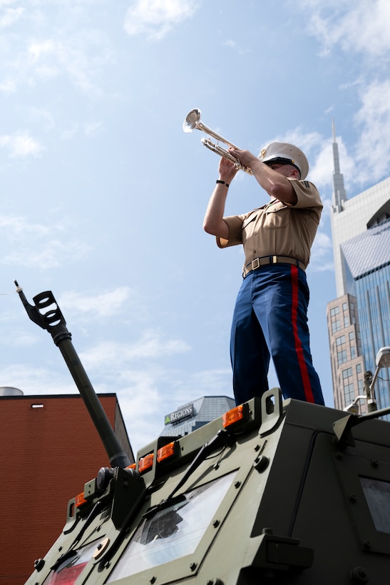 U.S. Marine Corps Cpl Trevor Halley, a Marine musician with 2nd Marine Aircraft Wing band, Special Purpose Marine Air-Ground Task Force-250, performs during Marine Week Nashville, in Nashville, Tennessee, June 5, 2025. Marines set up multiple equipment displays and recruiting booths during Marine Week to engage with the community of Nashville. Throughout 2025, Marines across the globe will celebrate the 250th birthday of the Corps, commemorating, service, sacrifice, and priding themselves on living ‘Semper Fidelis’ or ‘Always Faithful’ to their nation and to each other. (U.S. Marine Corps photo by Cpl. Vincent Needham)