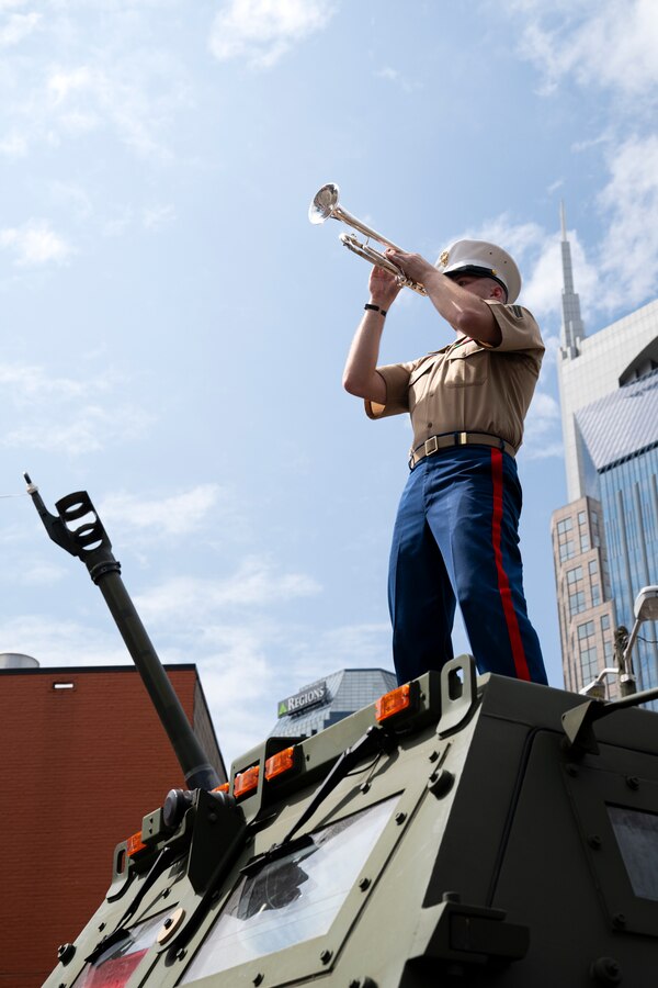 U.S. Marine Corps Cpl Trevor Halley, a Marine musician with 2nd Marine Aircraft Wing band, Special Purpose Marine Air-Ground Task Force-250, performs during Marine Week Nashville, in Nashville, Tennessee, June 5, 2025. Marines set up multiple equipment displays and recruiting booths during Marine Week to engage with the community of Nashville. Throughout 2025, Marines across the globe will celebrate the 250th birthday of the Corps, commemorating, service, sacrifice, and priding themselves on living ‘Semper Fidelis’ or ‘Always Faithful’ to their nation and to each other. (U.S. Marine Corps photo by Cpl. Vincent Needham)