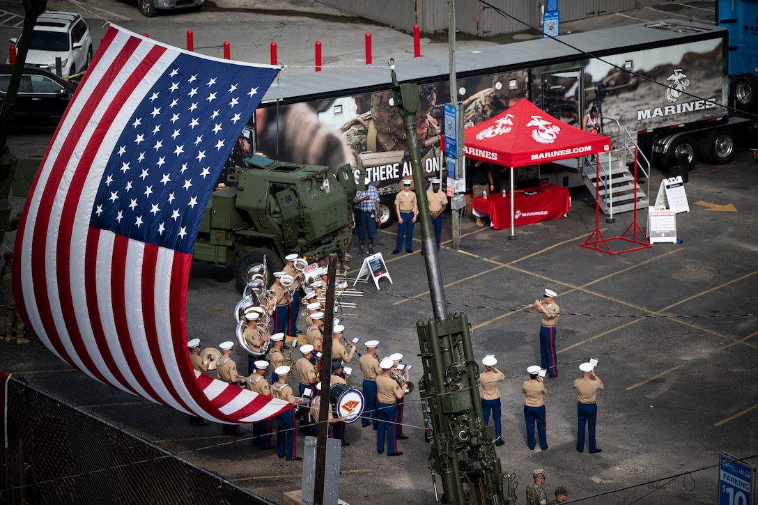 U.S. Marines with the 2nd Marine Aircraft Wing band, Special Purpose Marine Air-Ground Task Force-250, perform during Marine Week Nashville, in Nashville, Tennessee, June 5, 2025. Marines set up multiple equipment displays and recruiting booths during Marine Week to engage with the community of Nashville. Throughout 2025, Marines across the globe will celebrate the 250th birthday of the Corps, commemorating, service, sacrifice, and priding themselves on living ‘Semper Fidelis’ or ‘Always Faithful’ to their nation and to each other. (U.S. Marine Corps photo by Cpl. Vincent Needham)