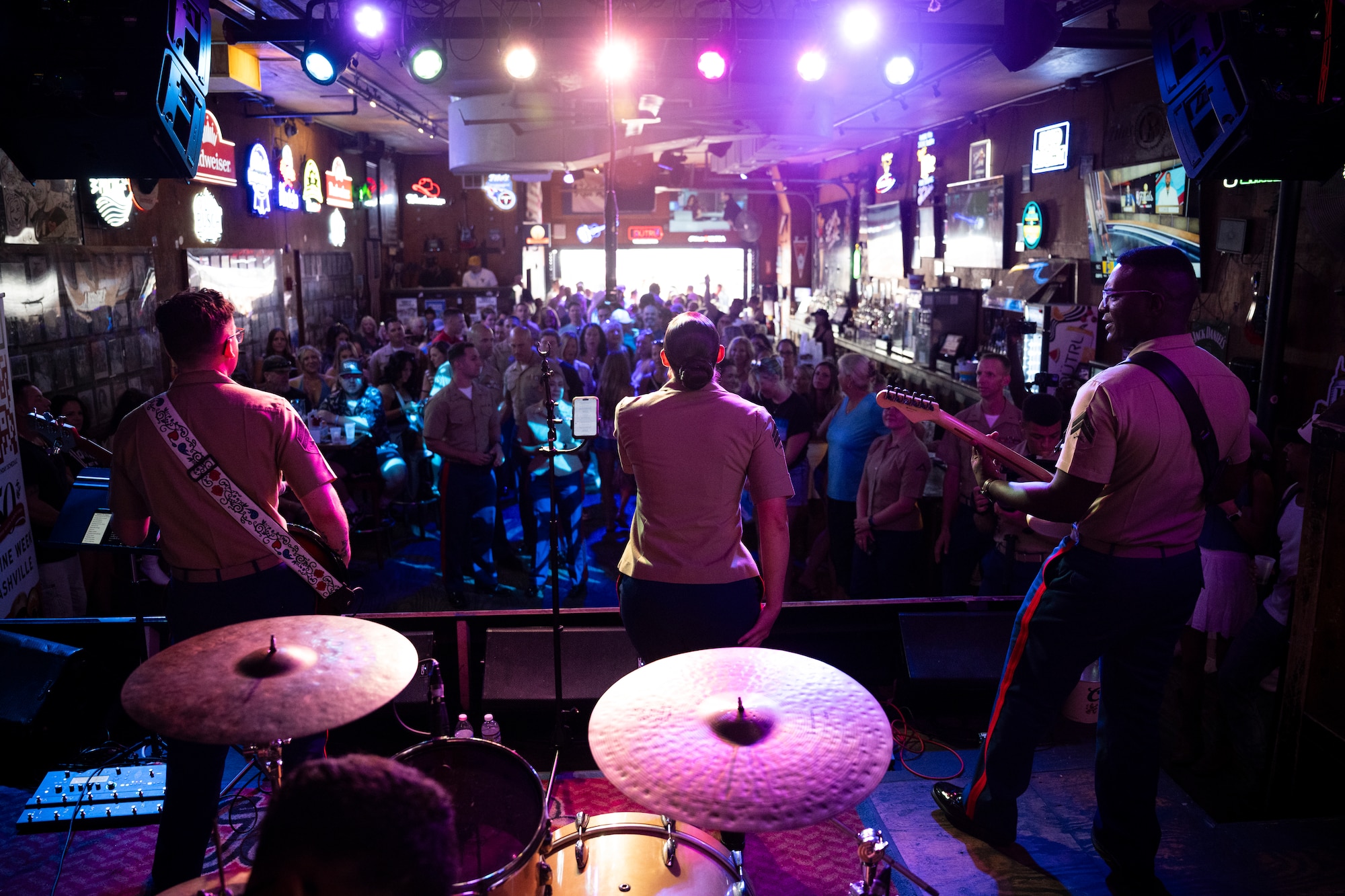 U.S. Marines with the 2nd Marine Aircraft Wing band, Special Purpose Marine Air Ground Task Force-250, perform at Tootsies Orchid Lounge during Marine Week Nashville, in Nashville, Tennessee, June 6, 2025. Tootsies hosted the 2nd MAW band as a way to show support for the Marine Corps. Throughout 2025, Marines across the globe will celebrate the 250th birthday of the Corps, commemorating, service, sacrifice, and priding themselves on living ‘Semper Fidelis’ or ‘Always Faithful’ to their nation and to each other. (U.S. Marine Corps photo by Cpl. Vincent Needham)