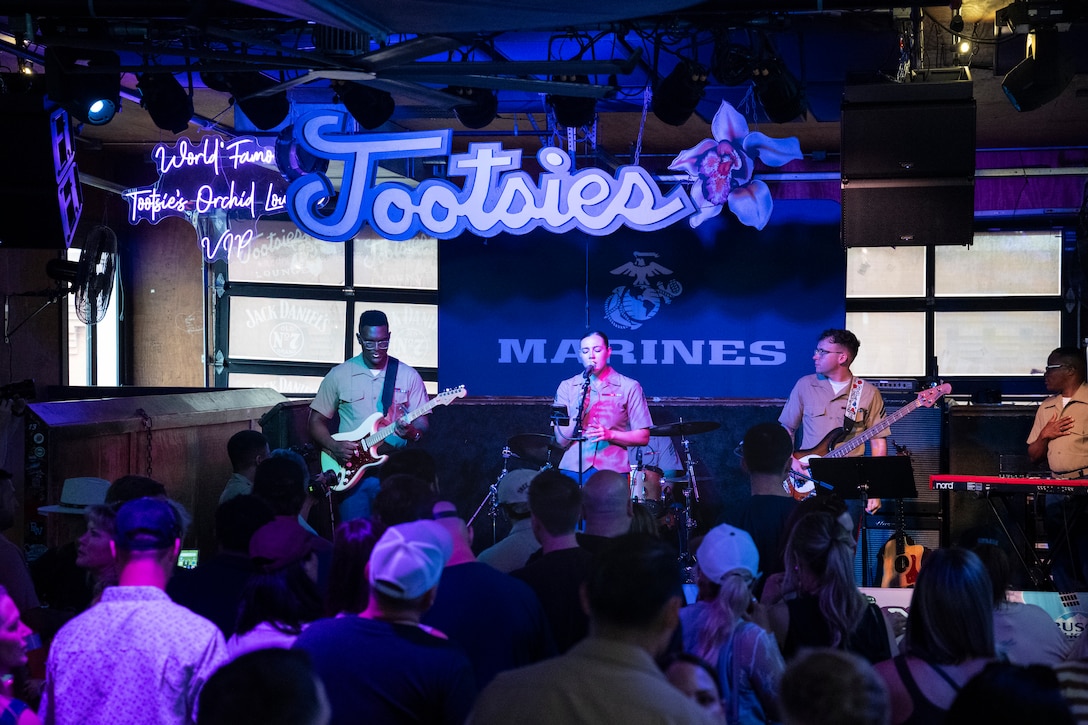 U.S. Marines with the 2nd Marine Aircraft Wing band, Special Purpose Marine Air Ground Task Force-250, perform at Tootsies Orchid Lounge during Marine Week Nashville, in Nashville, Tennessee, June 6, 2025. Tootsies hosted the 2nd MAW band as a way to show support for the Marine Corps. Throughout 2025, Marines across the globe will celebrate the 250th birthday of the Corps, commemorating, service, sacrifice, and priding themselves on living ‘Semper Fidelis’ or ‘Always Faithful’ to their nation and to each other. (U.S. Marine Corps photo by Cpl. Vincent Needham)