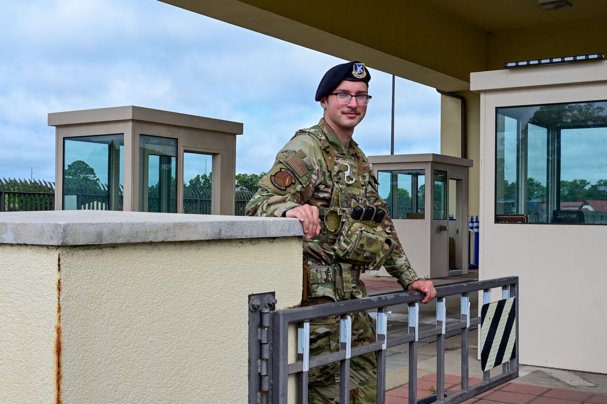 U.S. Air Force Senior Airman Jonathan Gagnon, 42nd Security Forces Squadron patrolman, assists with gate operations, Maxwell Air Force Base, Alabama, June 10, 2025.