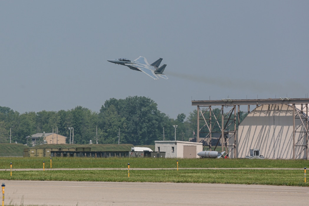 F15EX Eagle II flies over Selfridge Air National Guard Base.