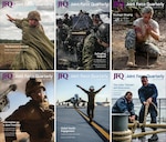 1. A soldier wrapping a parachute with the title "The Quantum Internet" and other articles listed.

2. Soldiers boarding a boat in rough waters under the title "Defending Forward."

3. A soldier kneeling and creating fire using a bow drill under the title "Strategic Shaping."
Bottom row, from left to right:

4. A servicemember operating artillery equipment with the title "Information as a Joint Function."

5. A person directing an aircraft on a runway with the title "Global Health Engagement."

6. Two sailors pulling a heavy rope on a ship deck with the title "The Cyber 'Domain' and Deterrence."