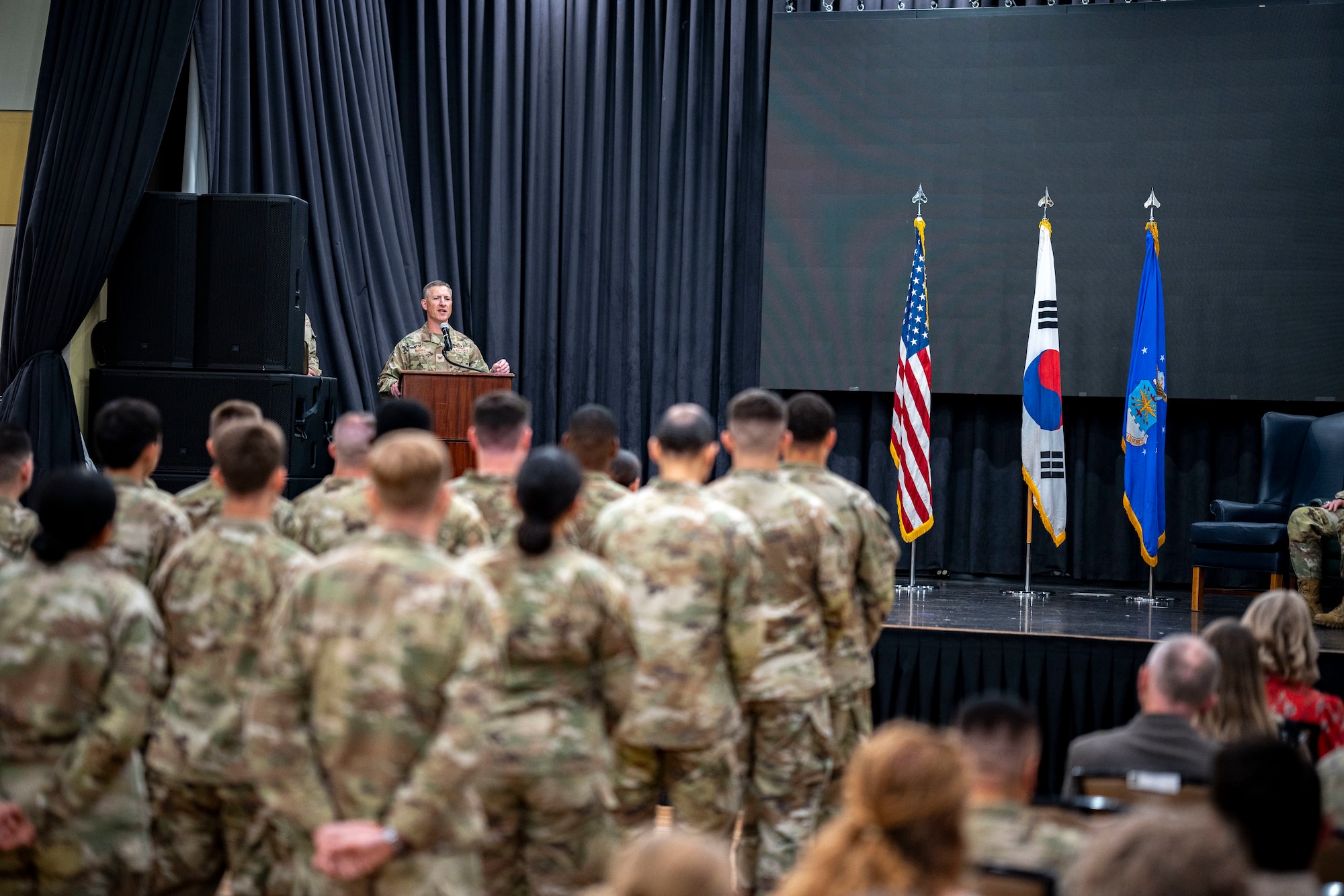 U.S. Air Force Col. Douglas Mabry, 694th Intelligence, Surveillance, and Reconnaissance group commander, presides over the 6th Intelligence Squadron Change of Command ceremony at Osan Air Base, Republic of Korea, June 11, 2025.