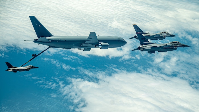 U.S. Air Force F-16 Fighting Falcons assigned to the 14th Fighter Squadron receive fuel from a KC-46A Pegasus assigned to the 60th Air Mobility Wing during an off-station training near Misawa Air Base, June 5, 2025.
