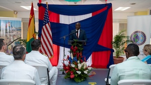 250610-N-DF135-1044 ST. GEORGE’S, GRENADA (June 10, 2025) Honorable Philip Telesford, Minister of Health of Grenada, speaks at the Continuing Promise 2025 opening ceremony in St. George’s, Grenada, June 10, 2025. Continuing Promise 2025 is the 16th iteration of the U.S. 4th Fleet/U.S. Naval Forces Southern Command-led Mission since 2007, which aims to foster goodwill, strengthen existing partnerships with partner nations, and form new partnerships between host nations, non-federal entities, and international organizations. (U.S. Navy photo by Mass Communication Specialist 2nd Class Deven Fernandez)