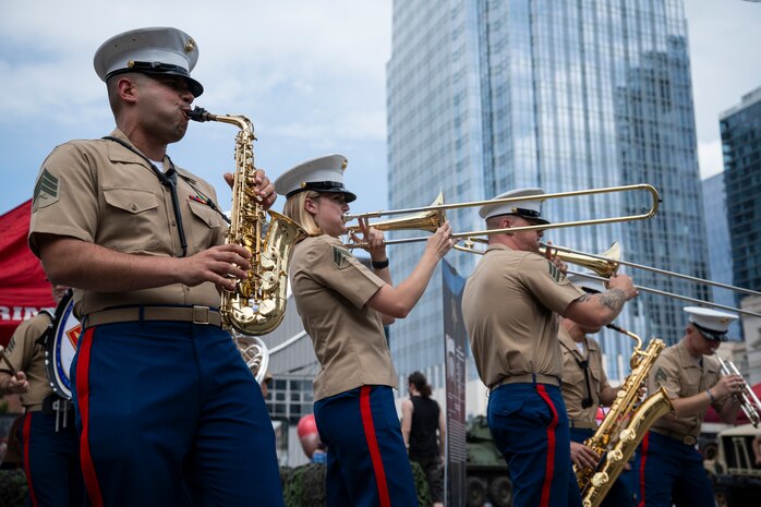 U.S. Marines with the 2nd Marine Aircraft Wing band, Special Purpose Marine Air-Ground Task Force-250, perform during Marine Week Nashville, in Nashville, Tennessee, June 5, 2025. Marines set up multiple equipment displays and recruiting booths during Marine Week to engage with the community of Nashville. Throughout 2025, Marines across the globe will celebrate the 250th birthday of the Corps, commemorating, service, sacrifice, and priding themselves on living ‘Semper Fidelis’ or ‘Always Faithful’ to their nation and to each other. (U.S. Marine Corps photo by Cpl. Vincent Needham)